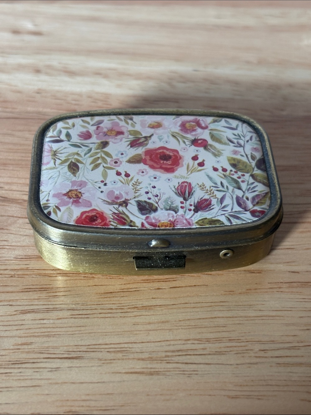 Vintage Floral Brass Pill Box